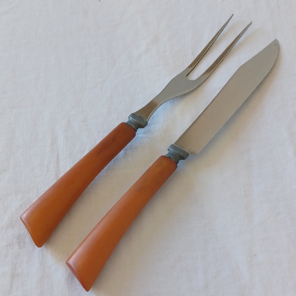 2 PIECE SET Vintage Bakelite Carving Knife & Fork Stainless Steel Butterscotch